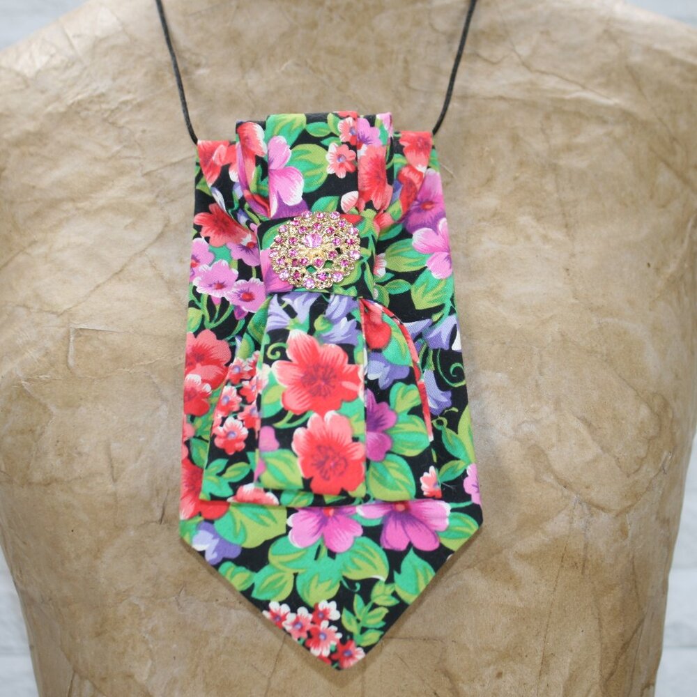 UPCYCLED Neck Tie Necklace Brooch Necktie Holiday Gift Accessory Floral Pink